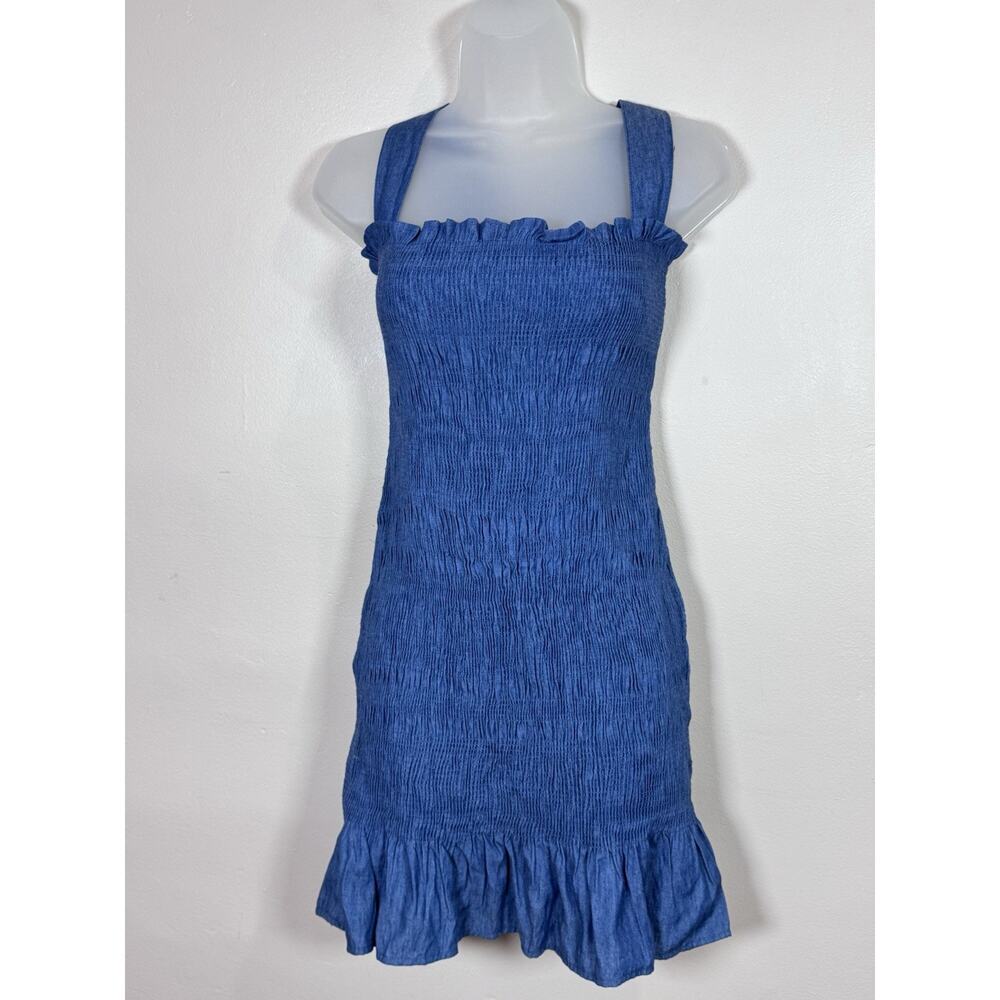 NWT DO+BE Smocked Mini Dress Denim Blue Preppy Cottage Milkmaid Prairie S